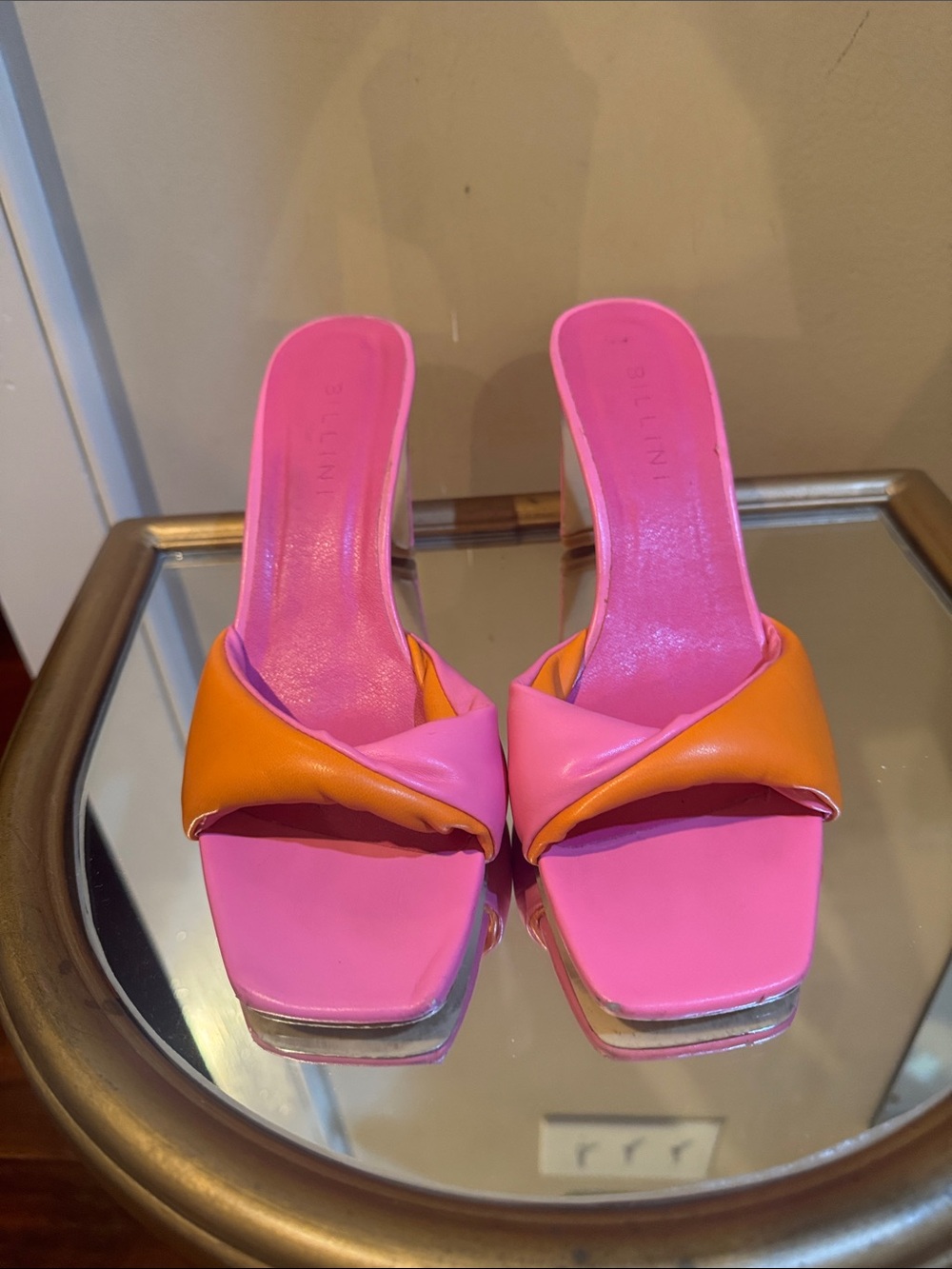 Billini Pink and Orange Twisted Strap Slide Mules